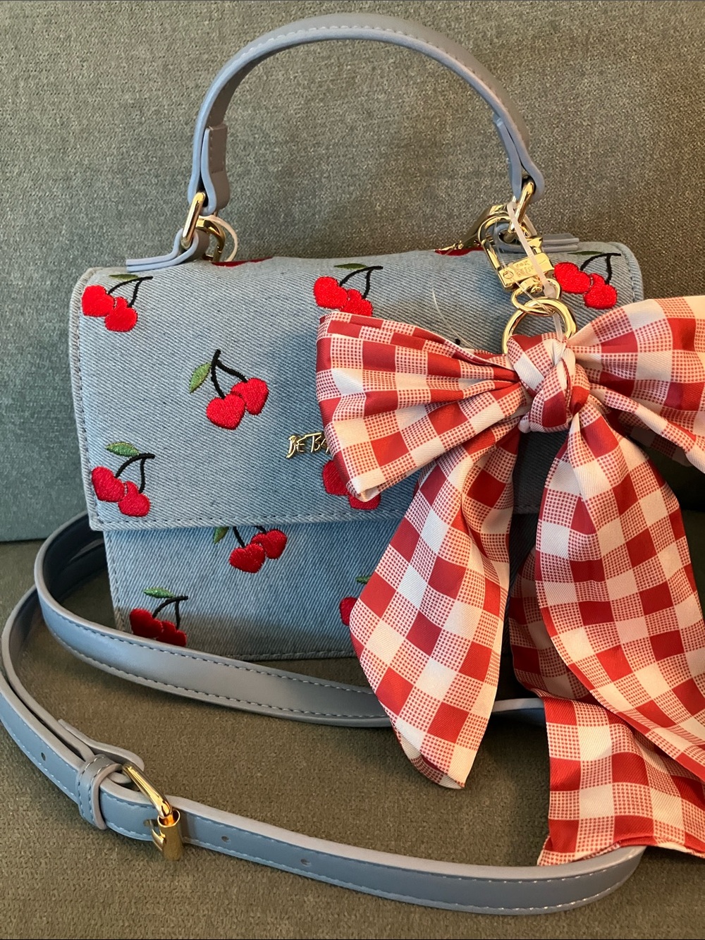 🍒Betsey Johnson XOMYLO2 denim crossbody bag with cherries & gingham bow NWT